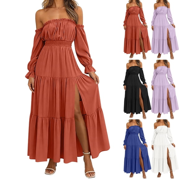 qafoshin Off Shoulder Dresses for Women Long Sleeve Solid Color Slit Maxi Dress
