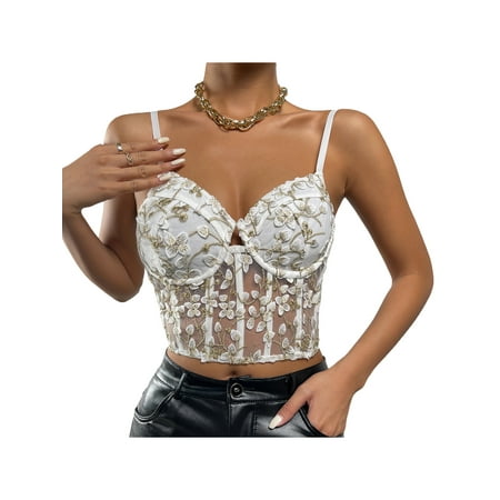 

Listenwind Women s Lace Embroidery Bustier Crop Top V Neck Spaghetti Strap Corset Top Casual Club Party Camisole