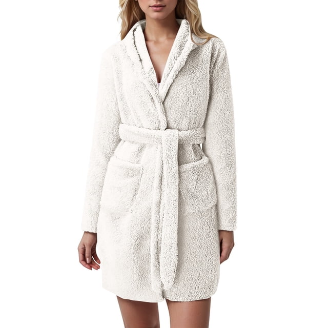 Women Hooded Fleece Bathrobe Womens After Shower Robe Lightweight Soft Plush Short Silk Plus Size Robes for Women with Pockets Flannel Sleepwear Fleece Bathrobe Plush Soft Robe
