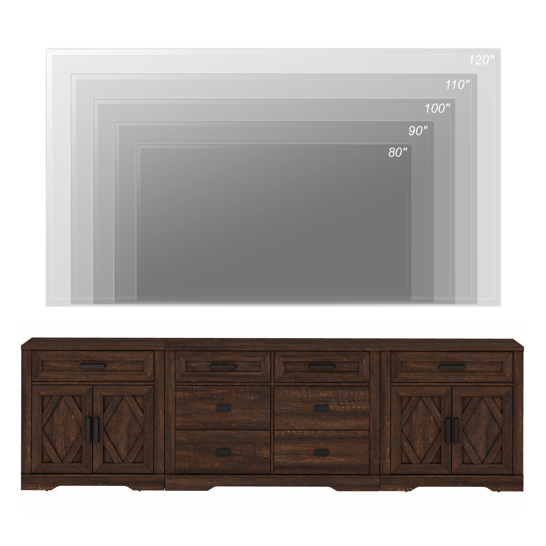 WAMPAT 110"W Large TV Stand,3-in-1 Farmhouse Entertainment Center with Storage Barn Door Cabinet,TV Console Table With Media Cabinet and Drawers for Living Room,Bedroom,Rustic Brown