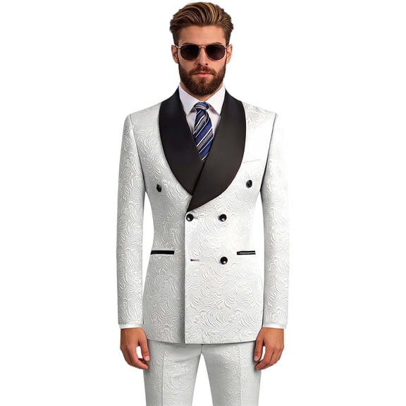 Men's 2 Piece Jacquard Tuxedo Suit, Double Breasted Shawl Lapel Blazer & Pants Slim Fit Formal Suit for Wedding, Prom, Party, Stage Performance
