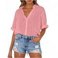 thumbnail image 4 of Sevevn Women's V-Neck Short Sleeve Loose Button Cotton And Linen Tunic Summer Blouse Shirt Family Gifts Pink XXL, 4 of 7