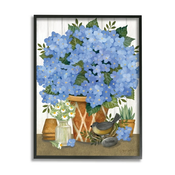 Stupell Blue Hydrangeas Country Arrangement Botanical & Floral Painting Black Framed Art Print Wall Art
