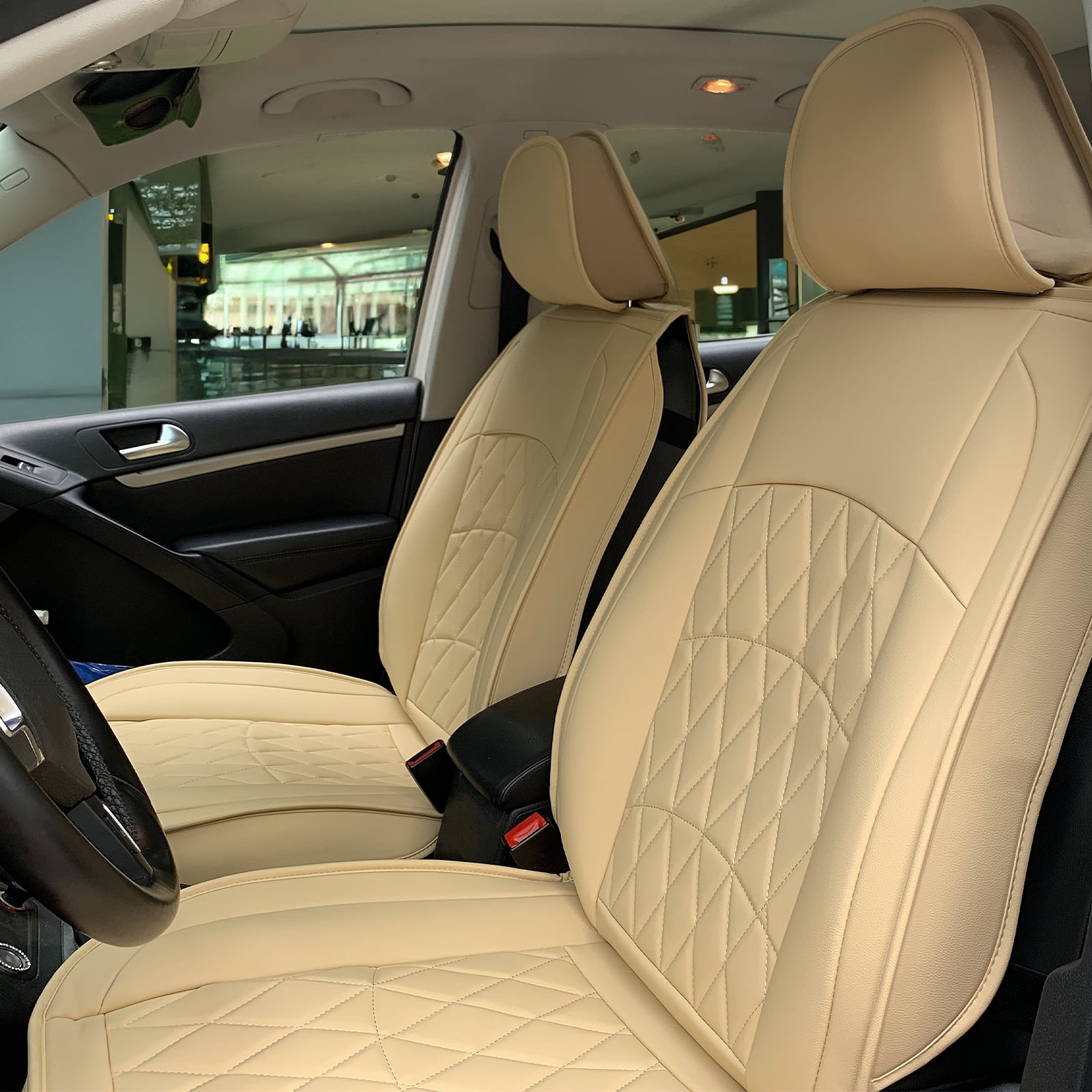 Ikon Motorsports Universal Car Seat Covers 04 Style Beige PU Leather Front Second Row Auto Seat Cover Cushion Protectors 5-Seat Full Set