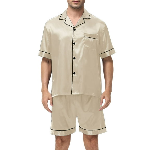 hoksml Men's Short Sleeve Pajama Set Satin Finish Button-Down Shirt and Shorts Lightweight Loungewear