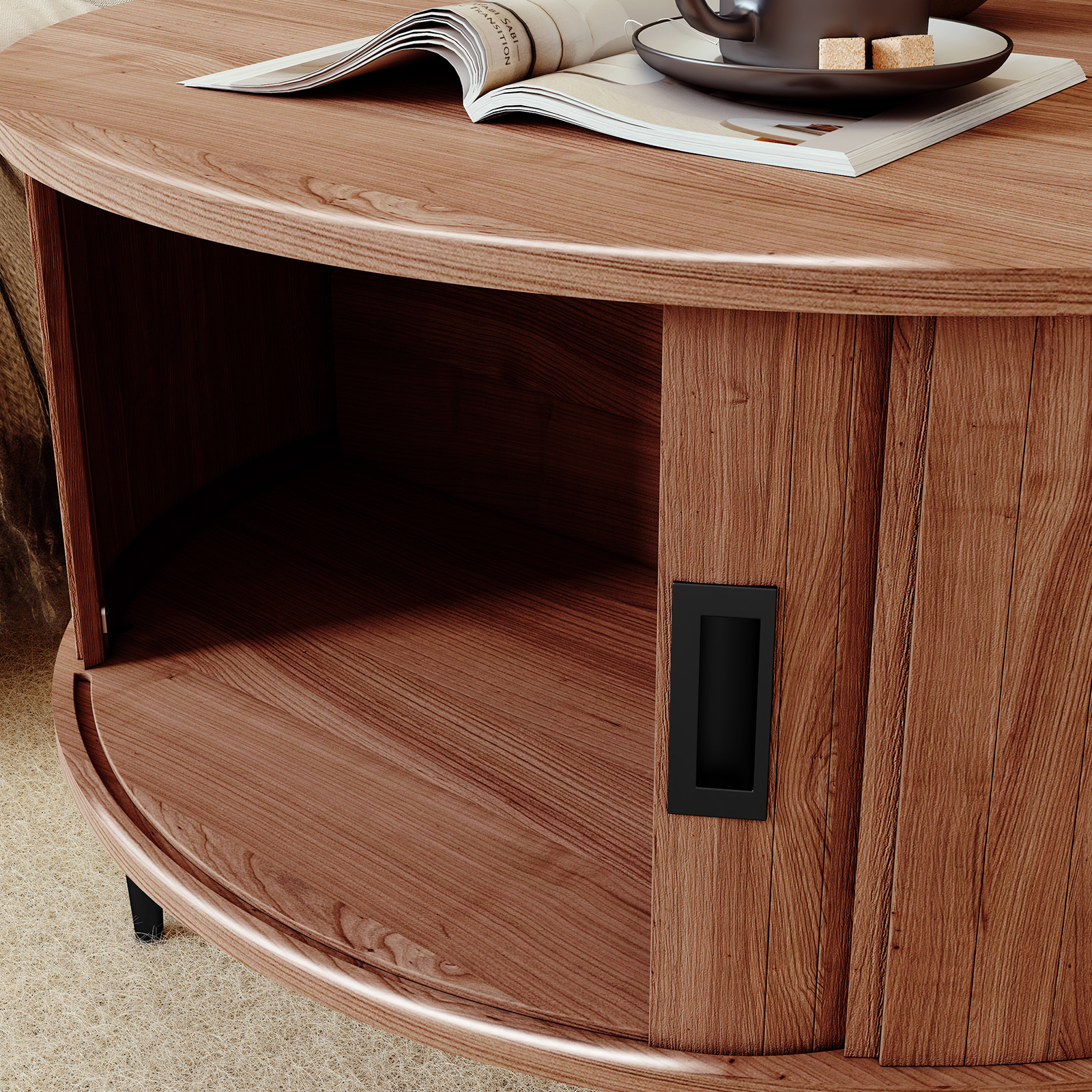 HLR Mid Century 31.5" Round Coffee Table with Sliding Tambour Door, Drum Center Table with Storage for Living Room, Brown