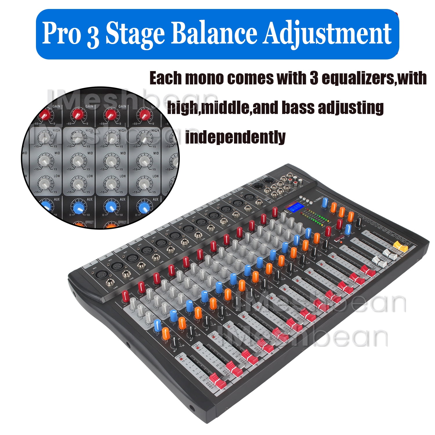 iMeshbean Professional 12-Channel Audio Mixer Sound Board USB Live Studio Mixer with USB Drive for PC Recording 48V Phantom Power Stereo DJ Studio Streaming 110-220V