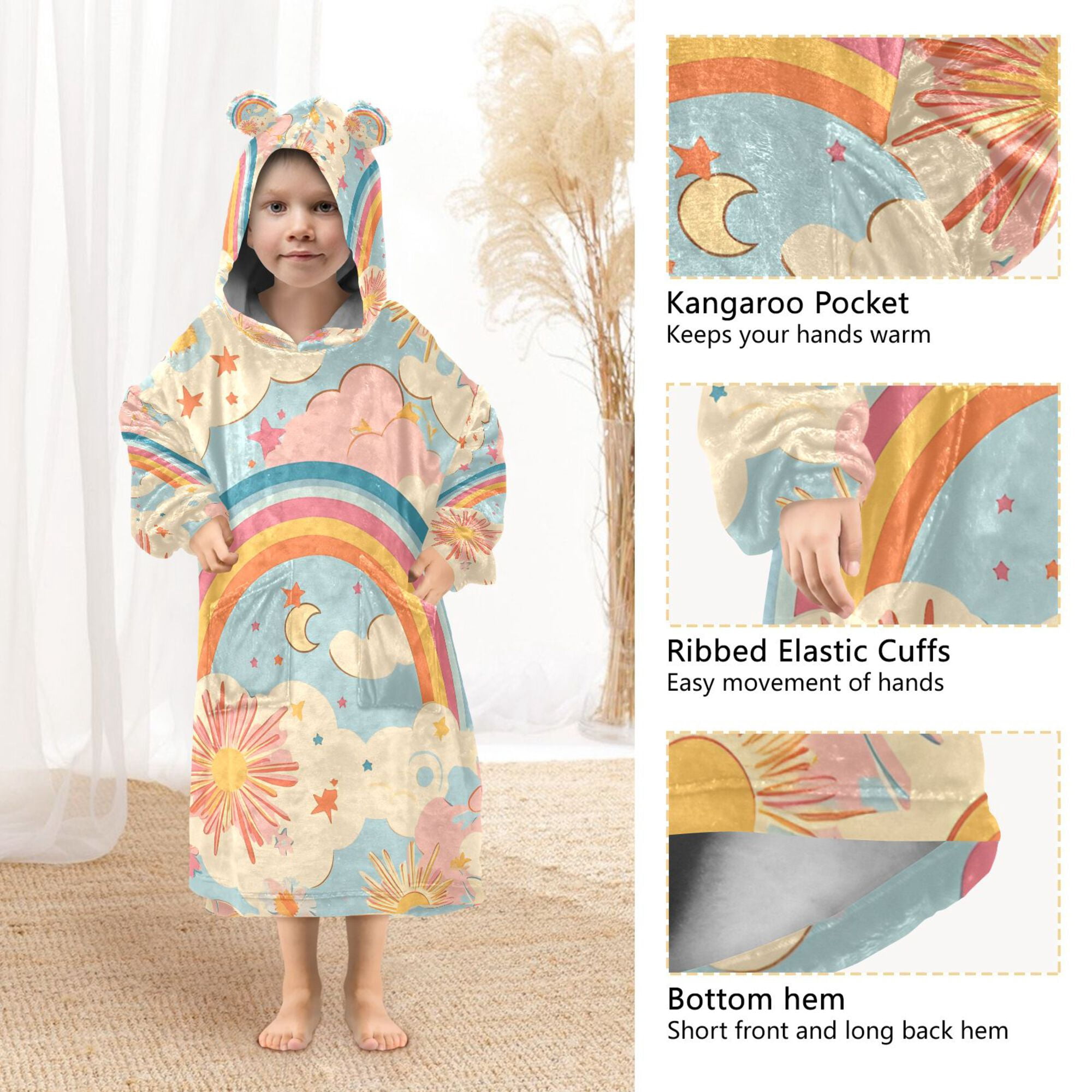FORMRS Wearable Blanket Hoodie with Sleeves for Kids Cozy Flannel Sweatshirt, Pink Retro Sun