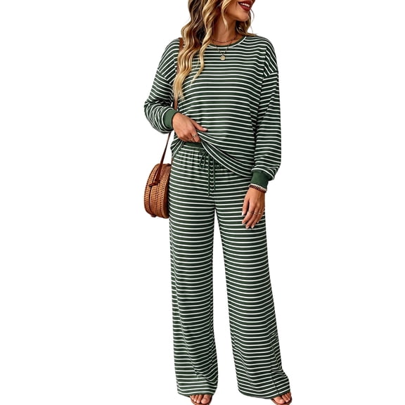 Nolissa Women's 2 Piece Outfits Striped Lounge Set Long Sleeve Crewneck Pullover Top and Drawstring Wide Leg Pants Matching Sweatsuit
