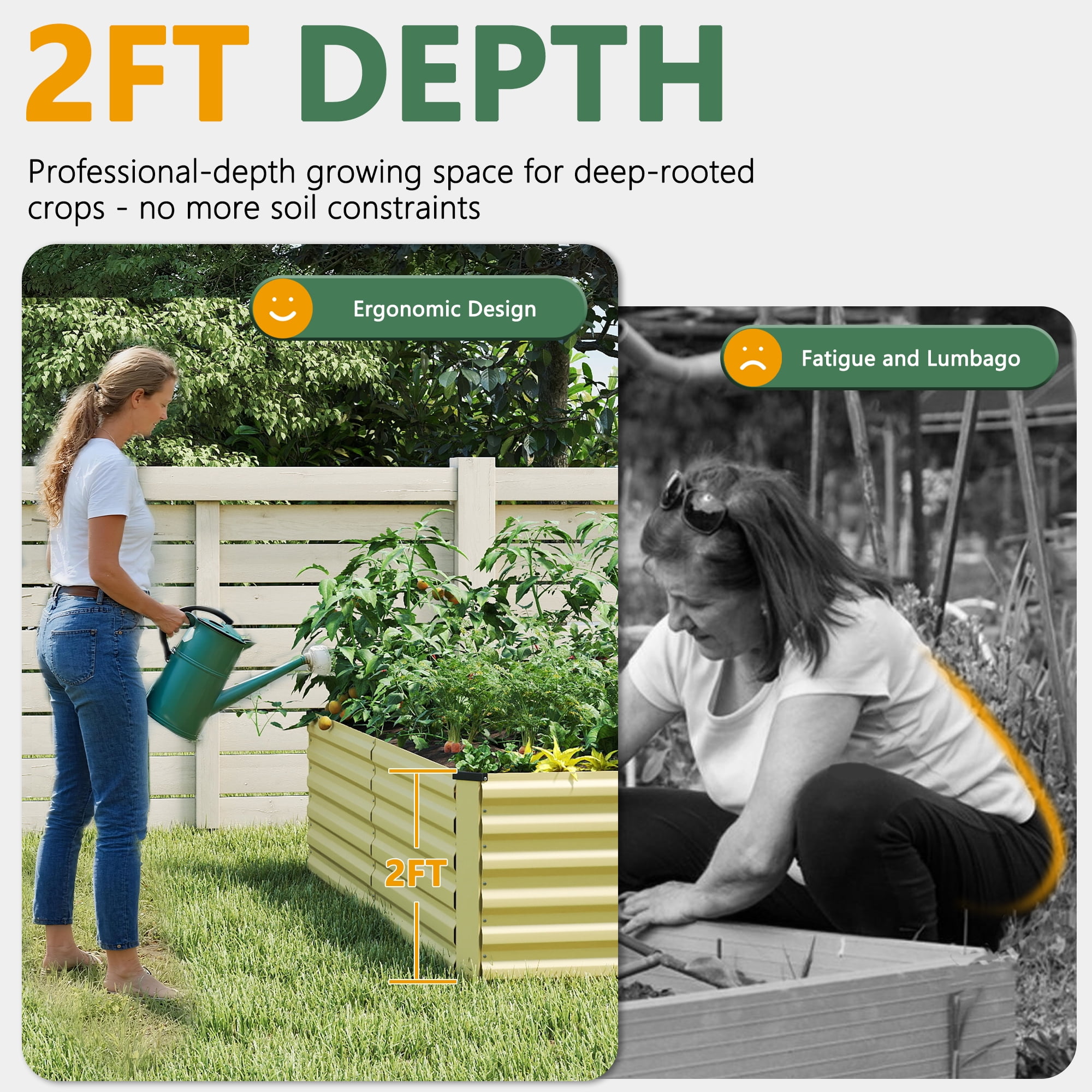 FOOWIN 2 Pack 8x4x2ft Outdoor Metal Raised Garden Bed,Planter Box for Vegetables,Flowers,Herbs w/478 Gallon Capacity, Cream Yellow
