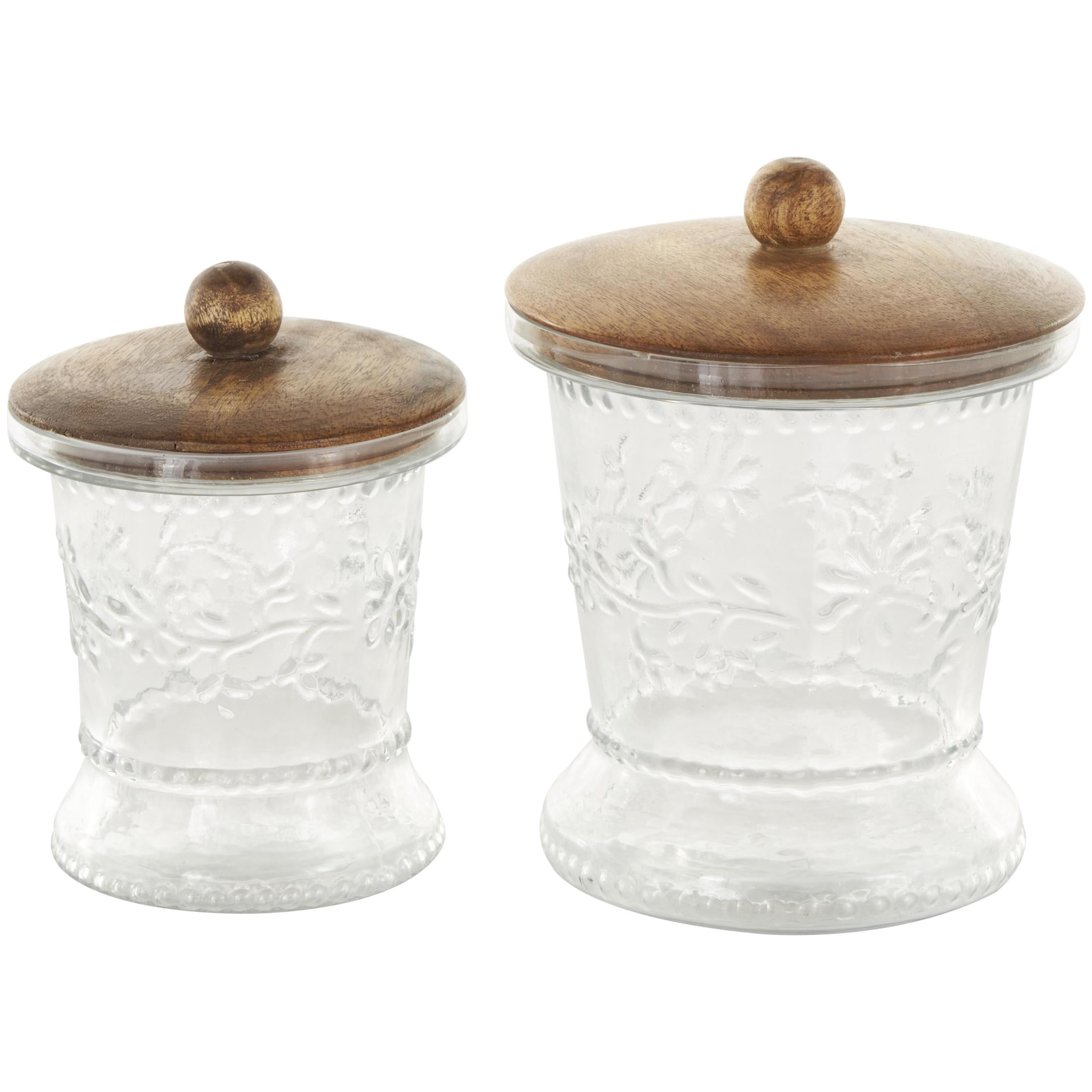 DecMode 7", 6"H Clear Glass Floral Beaded Decorative Jars with Brown Wooden Lids and Round Knobs, 2-Pieces
