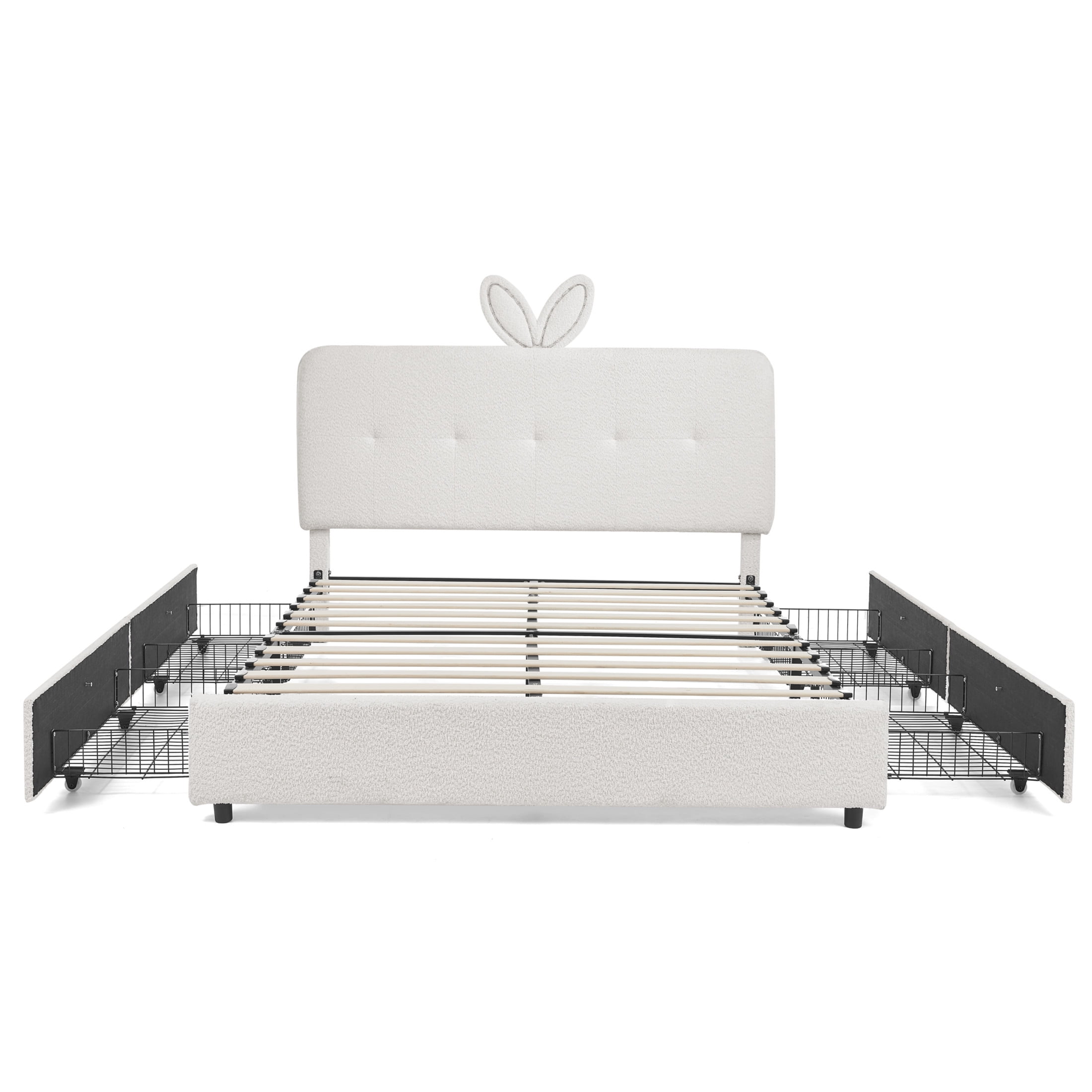Noble House Bertis Queen Size Boucle Kids Bed, Rabbit Ear Headboard Bed Frame with LED Light and Storage Drawers, Beige
