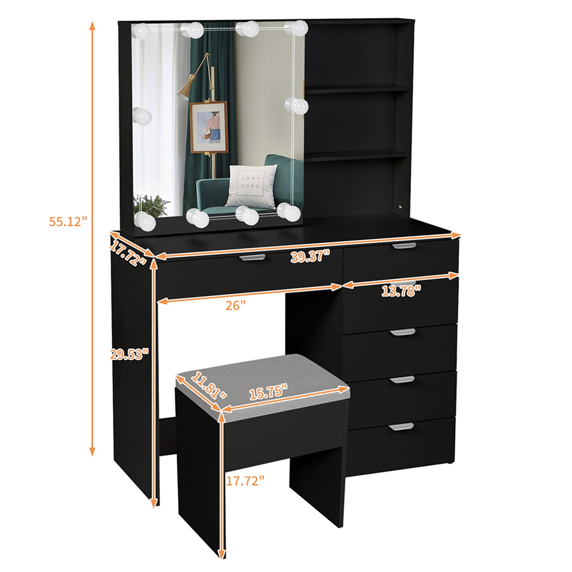 Kadyn Make Up Vanity Desk with 6 Pumps 2 Shelves Mirror Cabinet 3 Tone Light Bulbs, Vanity Table and Chair Set, Black Kadyn Make Up Vanity Desk with 6 Pumps 2 Shelves Mirror Cabinet 3 Tone Light Bulbs, Vanity Table and Chair Set, Black