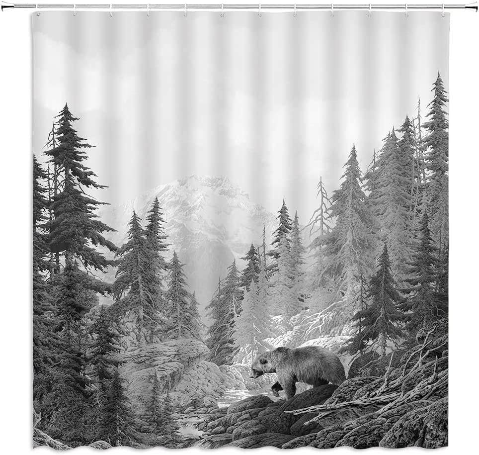 Bear Shower Curtain Rustic Forest Mountain Lodge Wild Animals Season Landscape Cabin Country