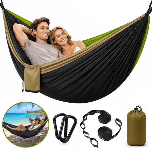 BNISE Double Camping Hammock, 660lbs Portable Nylon Hammock with Two Tree Straps and Carry Bag, Lightweight for Outdoor Camping Hiking Backpacking Travel