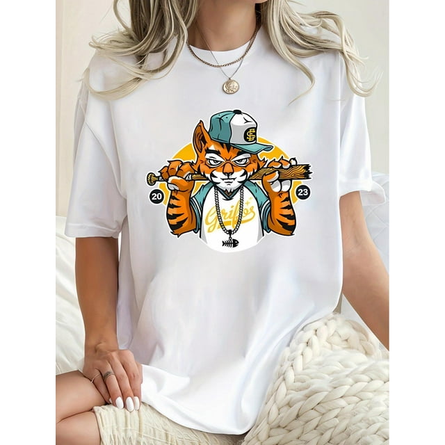 Camisetas para mujer Verano manga corta Tops para DeportesFunny Tiger Print Casual Sports T-shirt, Short Sleeve Crew Neck Spring & Summer Top, Women's Clothing, Baseball, Fashion Trend, Holiday Comf