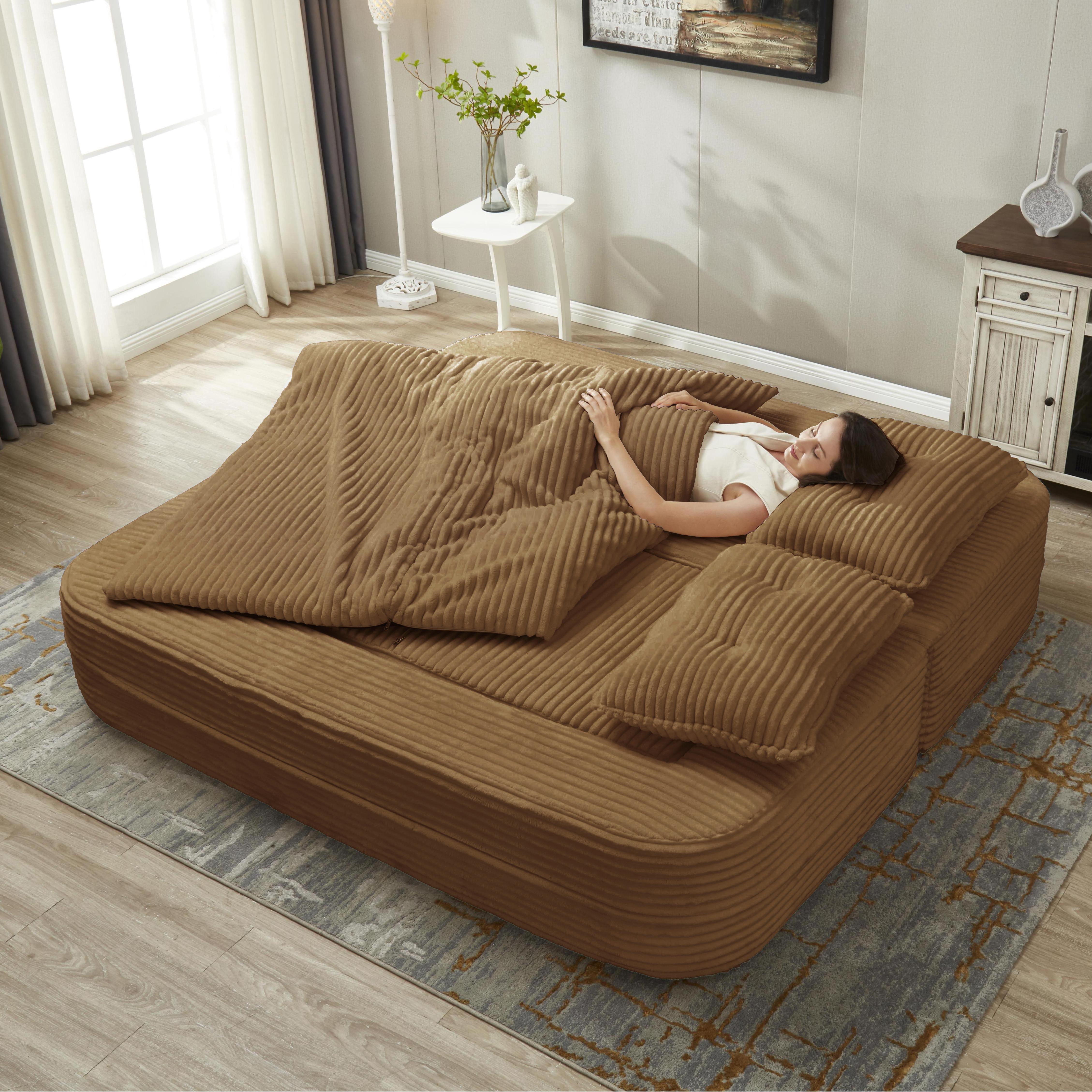 Anpport 80" King Size Convertible Sectional Sofa Bed, Plush Corduroy Deep Seat Couch with Chaise Lounge and Blanket, for Living Room Apartment, Camel