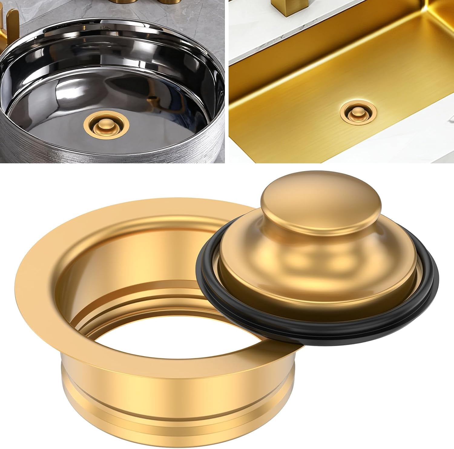 Kitchen Sink Garbage Disposal Flange and Stopper Fit Universal 3-1/2 Inch Standard Drain Hole, Stainless Steel Sink Flange Stopper Replacement Accessories, Gold