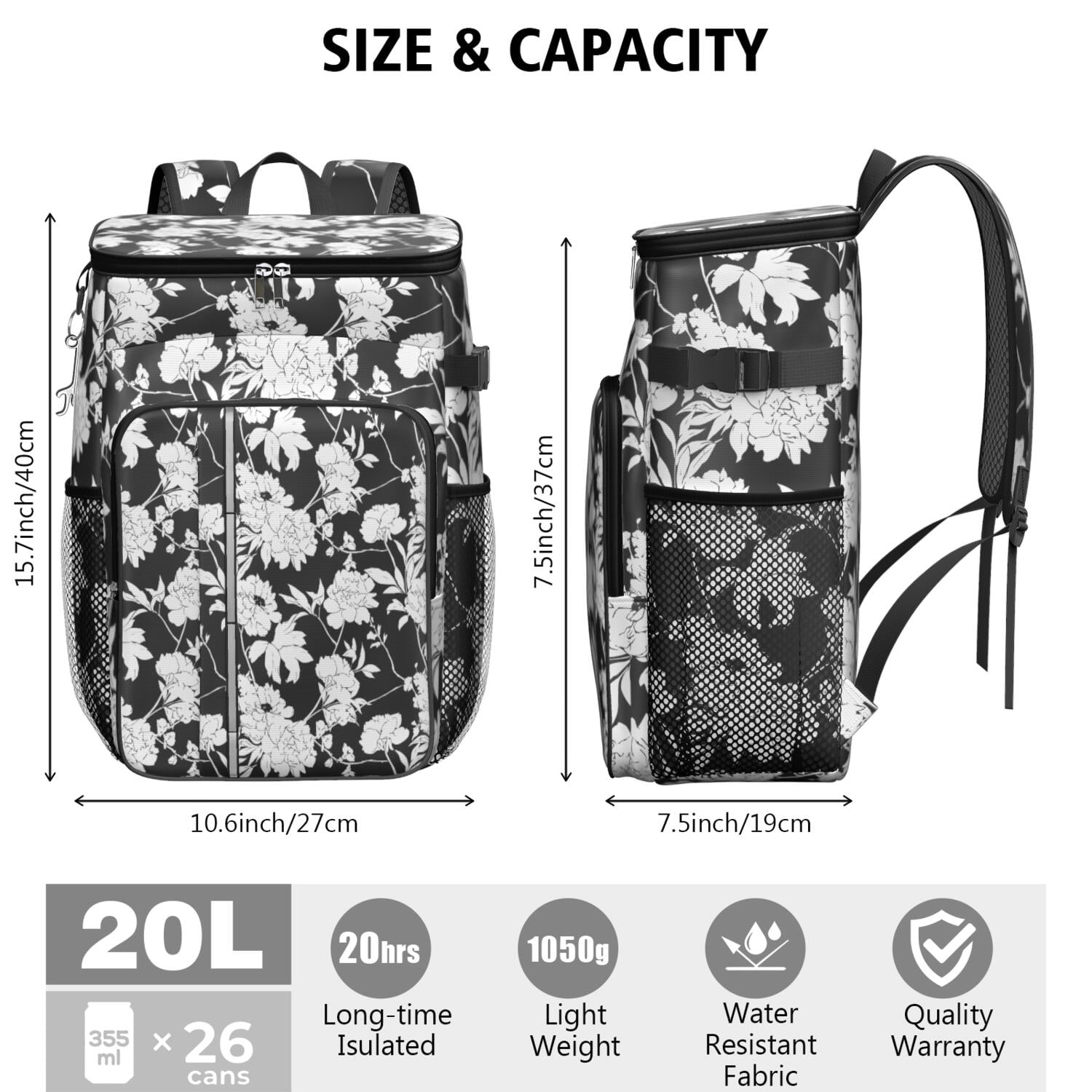 Travel Cooler Bag - Pioneer Flower Floral Print Pattern Camping Beer Cooler Backpack with Bottle Opener- Waterproof Insulated Picnic Backpacks - Cooler Bag for Beach