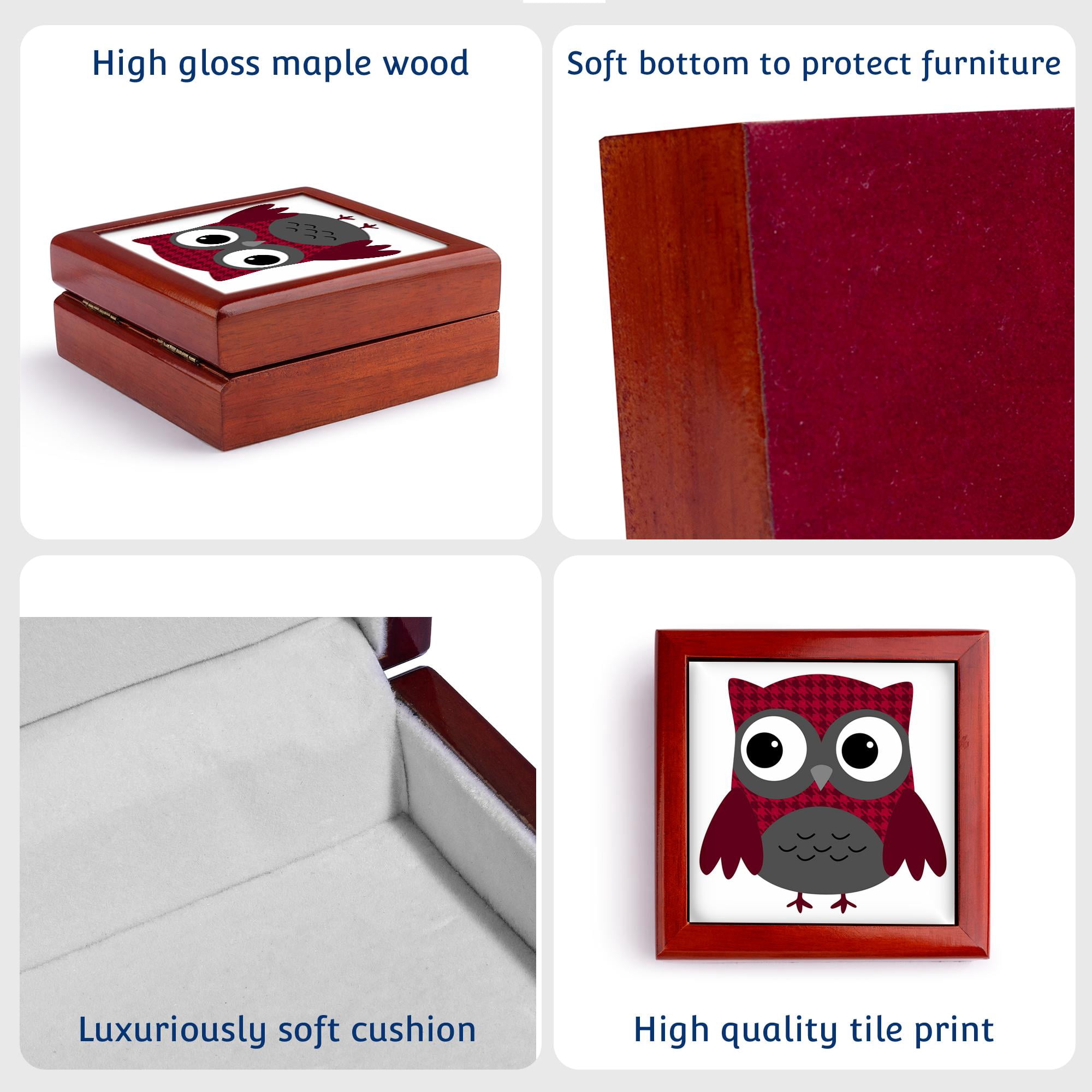 3dRose, Cute Ruby Red Houndstooth Patterned Owl, Jewelry Box 5.5x5.5 inch with 4 inch tile