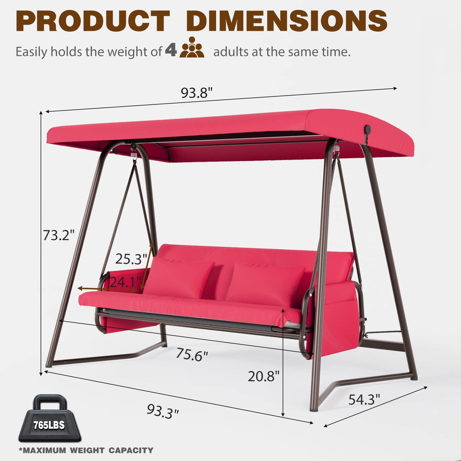 Outdoor Patio 3-Seater Metal Swing Chair with Adjustable Canopy & Thick Cushion, 600 lb Capacity Hanging Swing Bed for Garden Backyard Porch Deck, Red