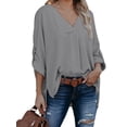thumbnail image 3 of Qarigey Camisa de mujer con cuello en V Blusa suelta Manga larga Color sólido Top casual Prendas para la parte del cuerpo Gris M, 3 of 6