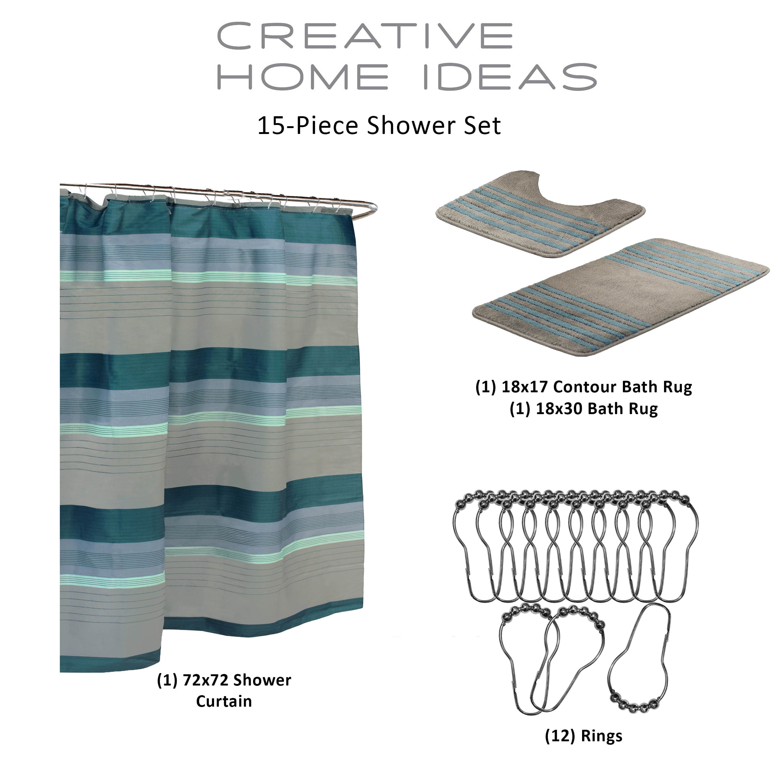 Regent Stripe 15-Piece Bathroom Polyester Shower Curtain Set, 72x72