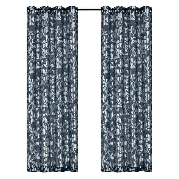 Kate Aurora Metallic Floral Designed Semi Sheer Grommet Top Window Curtain Panel Pair Navy Walmart Com Walmart Com
