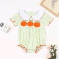 thumbnail image 2 of Staki Baby Girl Halloween Outfit Pumpkin Bubble Romper Short Puff Sleeve Bodysuit Fall Baby Smocked Clothes(Green,6-12 Months), 2 of 9