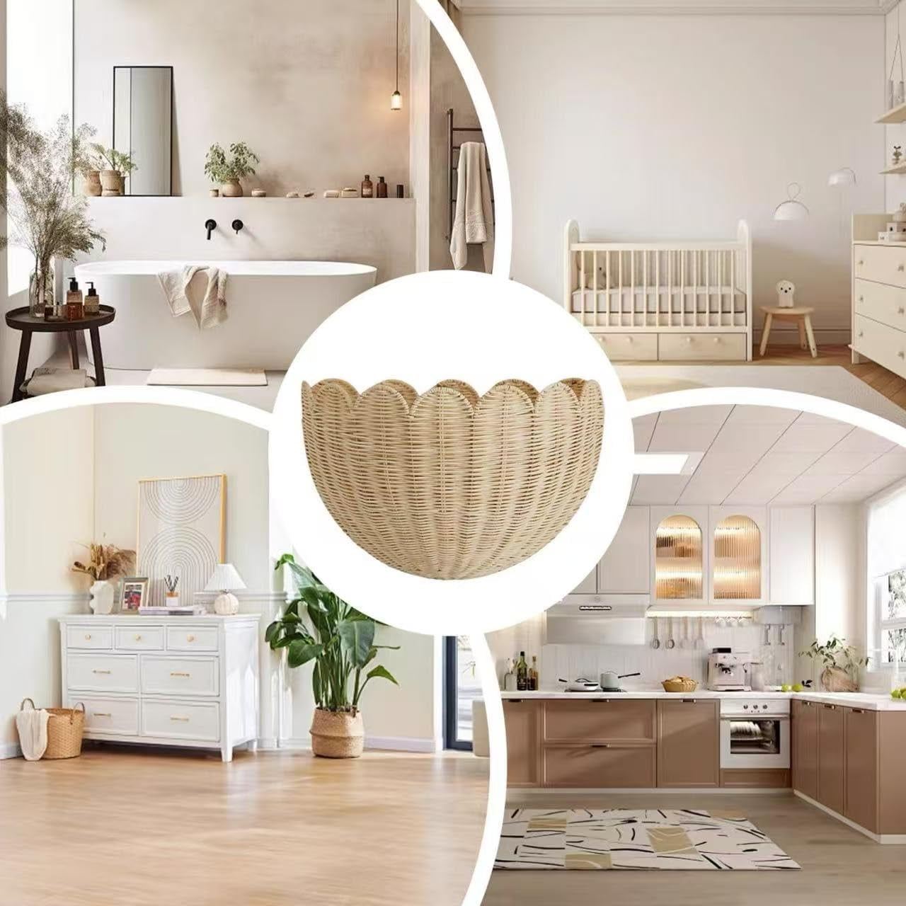 Hand Woven Rattan Wall Baskets, Scalloped Wicker Hanging Basket with Metal Frame & Hook, Minimalist Wall Decor for Home, Entryway, Kitchen, Living Room(14"x6"x8", 1Pcs)