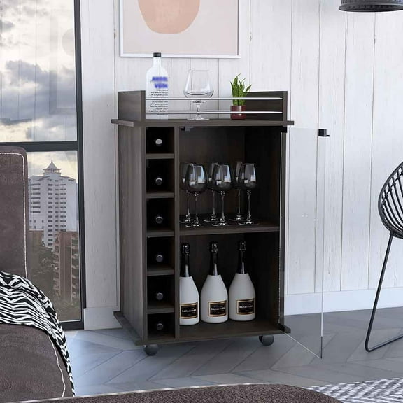 Lisonu Modern Bar Cart with Wheels, Mobile Kitchen Serving Cart with 6 Wine Bottle Cubbies and Glass Door Cabinet, Home Bar Furniture, Particle Board, Carbon Espresso