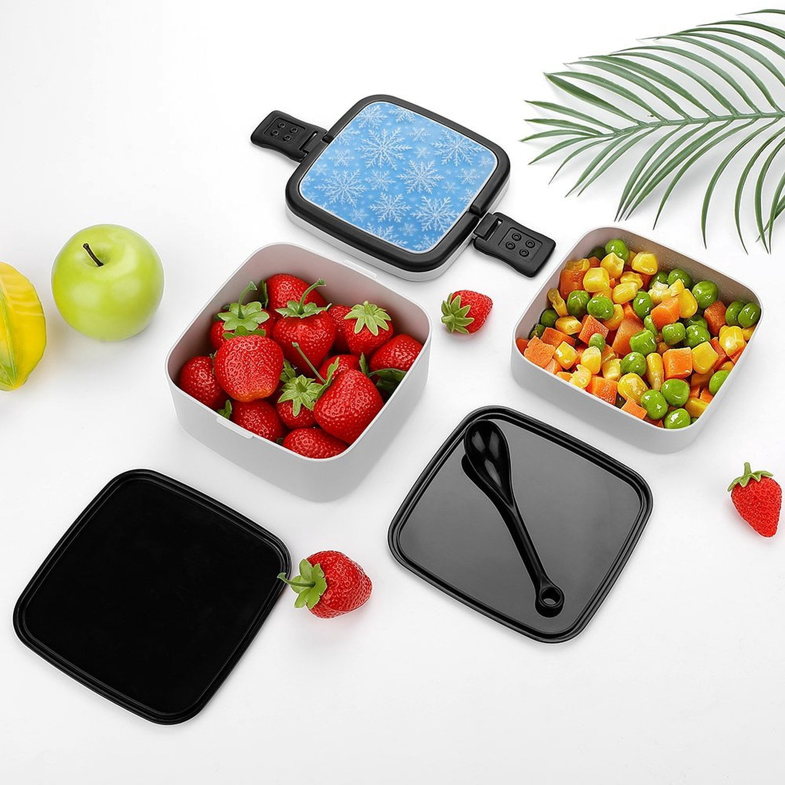 5.3×4.3in Double-Layer Bento Box Sealing Leakproof Partition Design Buckle Design Convenient Switch With Handle Winter Snowflake Pattern