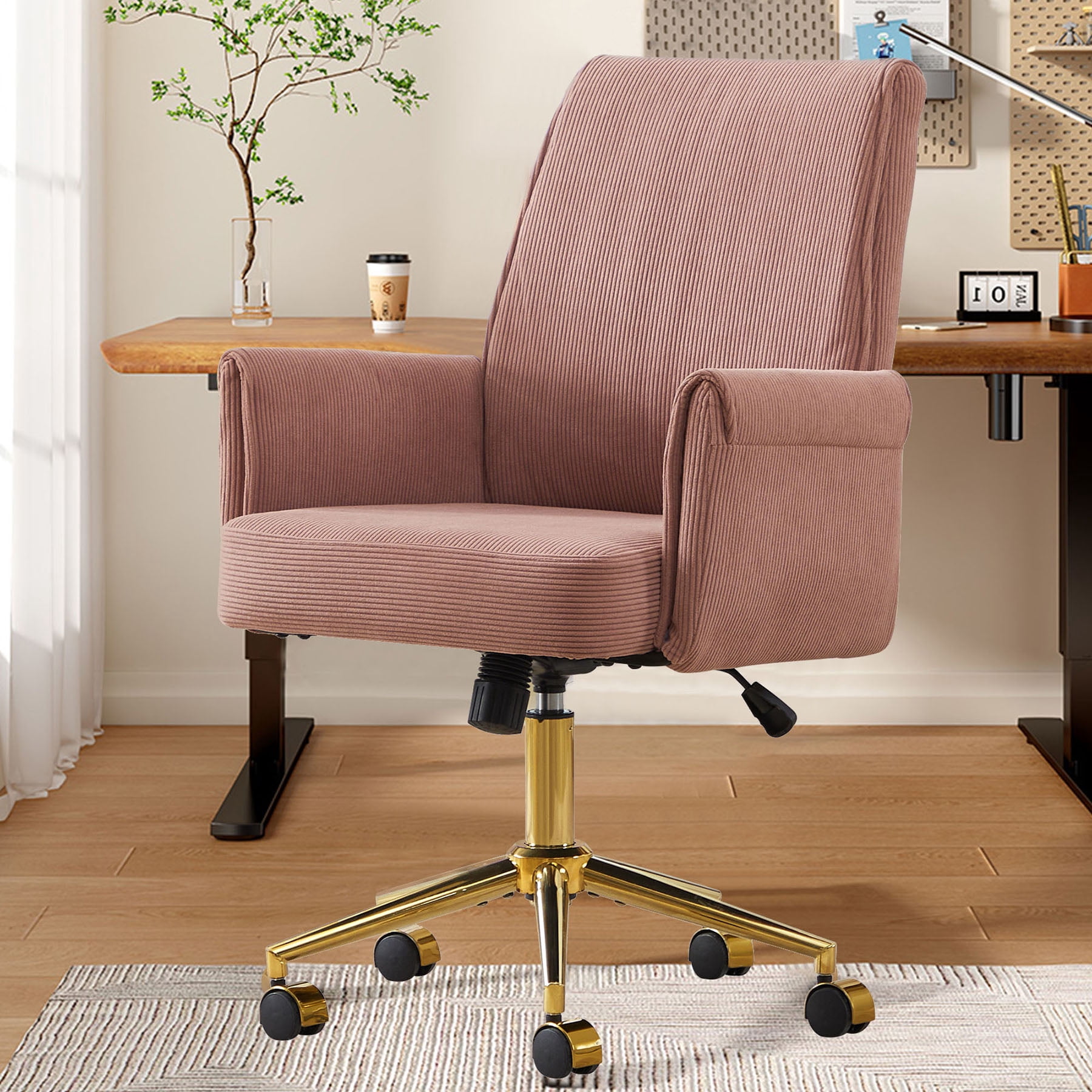 S-HOME Ergonomic Mid-Back Liftable Office Chair in Striped Fabric with Golden Base and Memory Foam Cushion , Light Pink