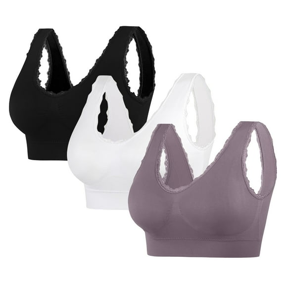 SCSAlgin 3PC Women's Leisure Sports Sleep Bra Comfort Seamless Stretchy Lace Trim Wirefree