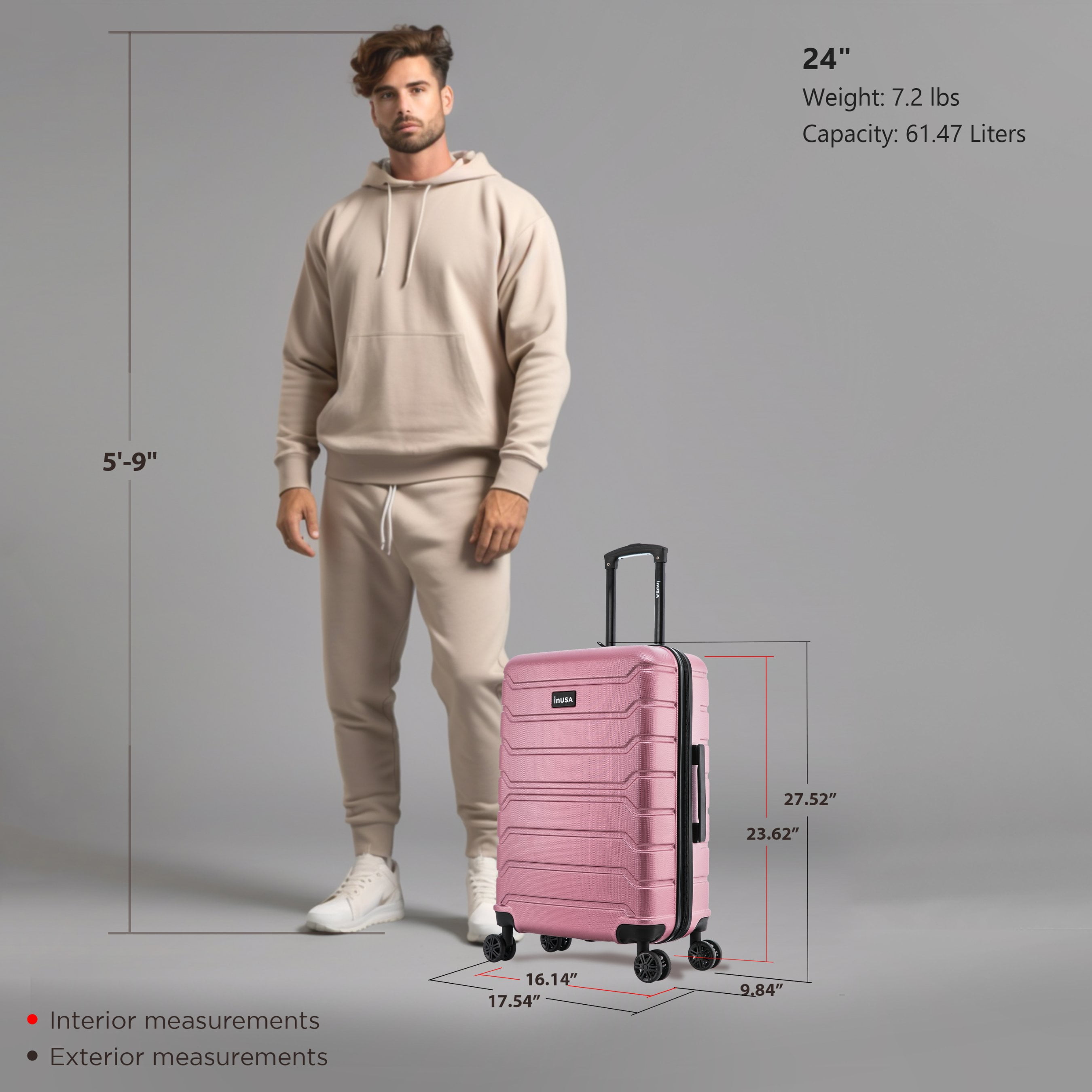 InUSA Trend 24" Hardside Lightweight Luggage with Spinner Wheels, Handle, and Trolley, Rose Gold