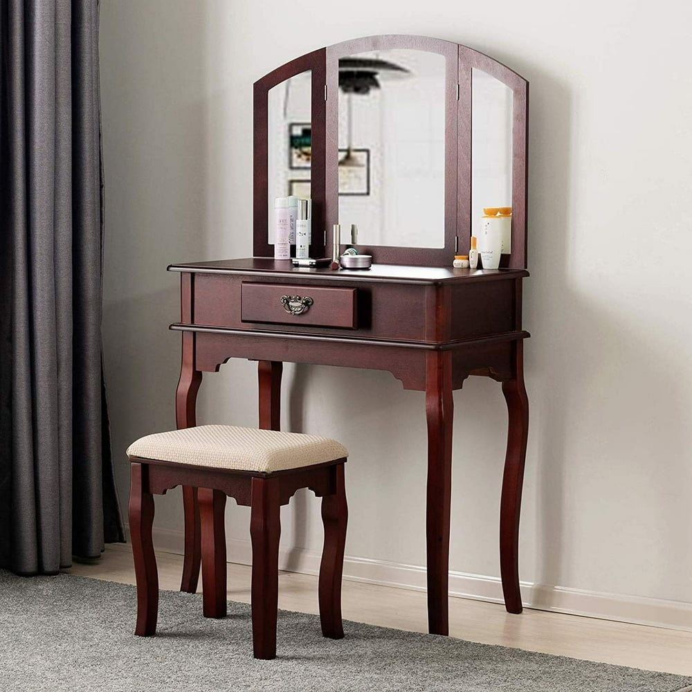 Mecor Vanity Table Set with Stool,Wood Makeup Table w/TriFolding