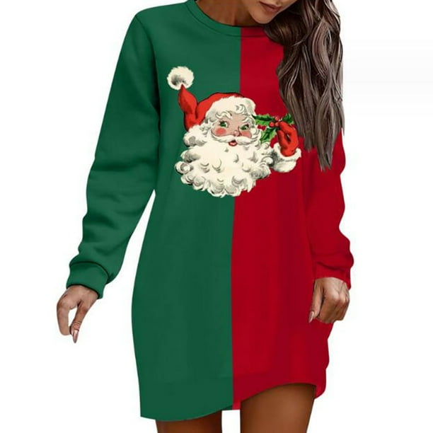 WILLBEST Sudadera Informal de Mujer con Estampado Navideño Interesante En Bloques de Color Verde y Rojo, Cuello Redondo, Manga Larga y Sin Capucha Grande