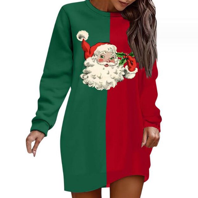 WILLBEST Sudadera Informal de Mujer con Estampado Navideño Interesante En Bloques de Color Verde y Rojo, Cuello Redondo, Manga Larga y Sin Capucha X-Grande