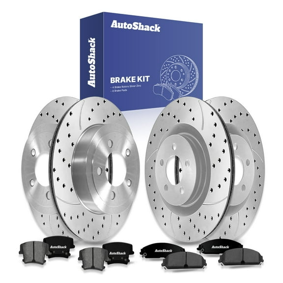 AutoShack Front & Rear Brake Rotors & Premium Pads for Dodge & Chrysler, Charger 2021 Challenger 2022 300 2023, AWD RWD V6 3.6L V8 5.7L - Silver Zinc Coated Drilled & Slotted - SilverShield Pro