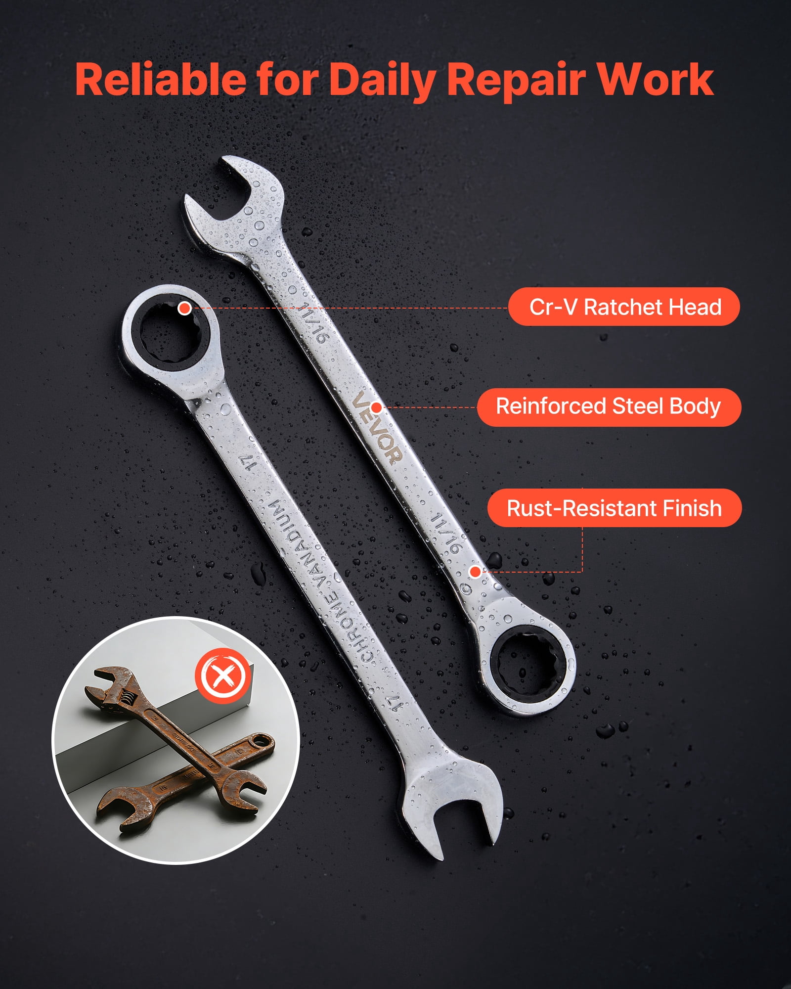 VEVOR Combination Wrench Set, 26-Piece SAE and Metric, 72 Teeth, Cr-V Steel Ratcheting Wrench Set, with Rack Organizer, Open End, Clear Size Labels, for General Household, Automotive Repairs, Silver