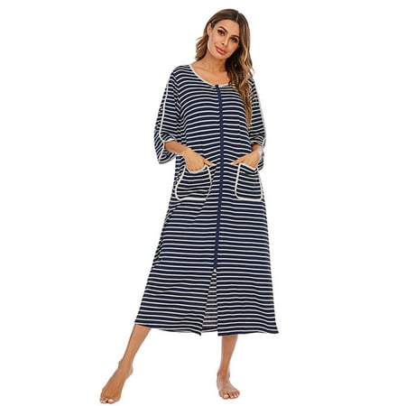 

EFINNY Women s 3/4 Sleeve Housecoat Cotton Loose Zipper Front Nightgowns Plaid Full Length Robes Loungewear with Pockets S-XXL