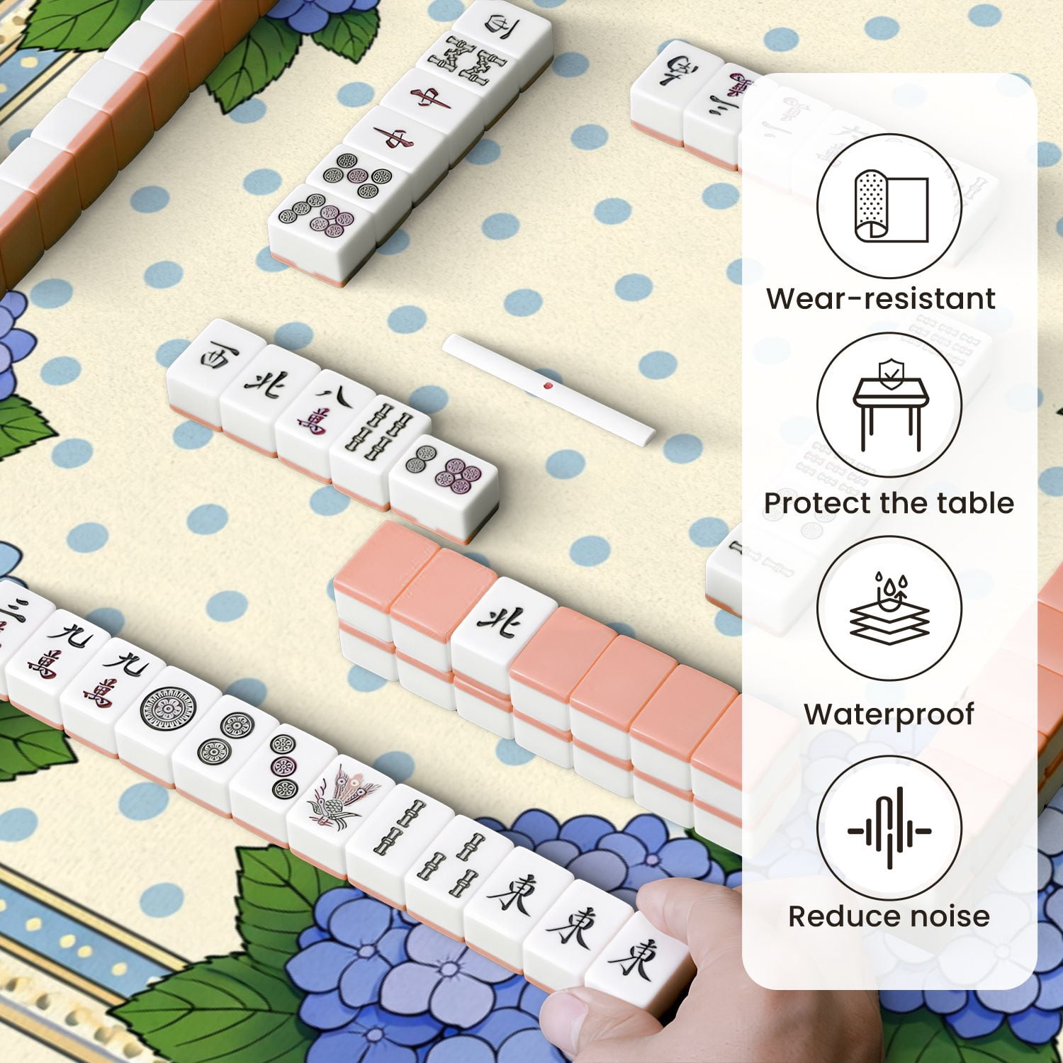 Mahjong Mat 31.5" x 31.5" Blue Hydrangea Floral Green Leaves Dotted Non-Slip Noise Reduction Mahjong Tiles Table Cover for Dominoes Poker Card Board and Tile Games