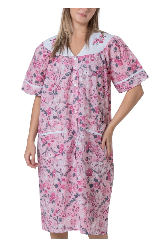 Women's Short Sleeve Woven Snap-Front Closure Floral Embroidery Housecoat Duster Lounge Nightgown, Pink Medium