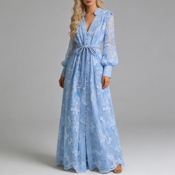 Women's Fall Dresses Elegant Floral V Neck Maxi Dress with Belt (Blue S)