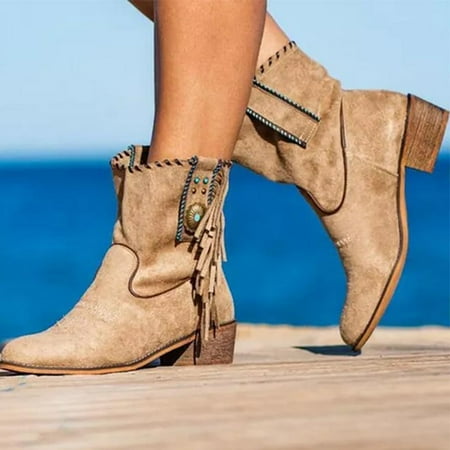 

Hot Sale Clearance VEKDONE Women s Winter Sleeve Pointed High Heel Plain Thick Heel Fringed Medium Boots