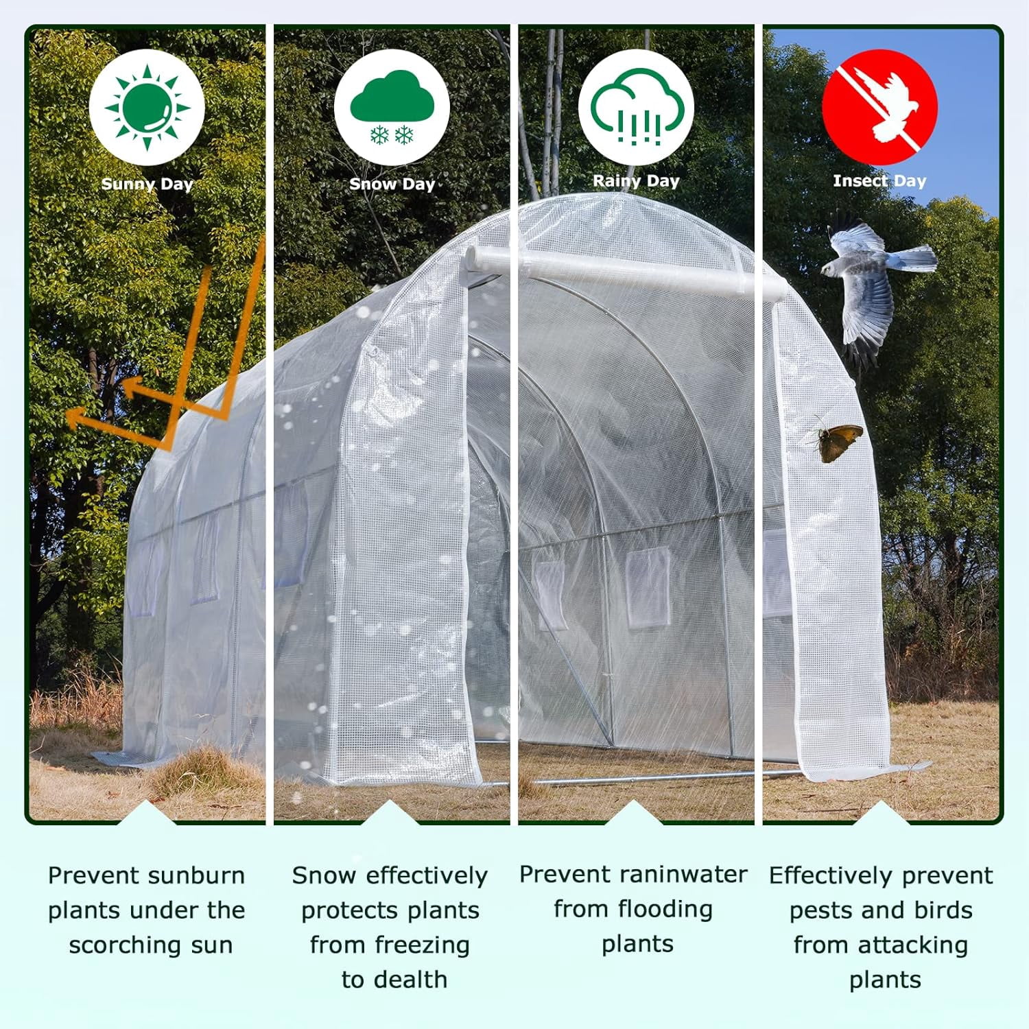 NAWAY 10'x7'x7' Outdoor Walk-in Greenhouse,Watering System,1 Zipper Door,6 Roll-up Windows,Thickened Galvanised Steel ,White