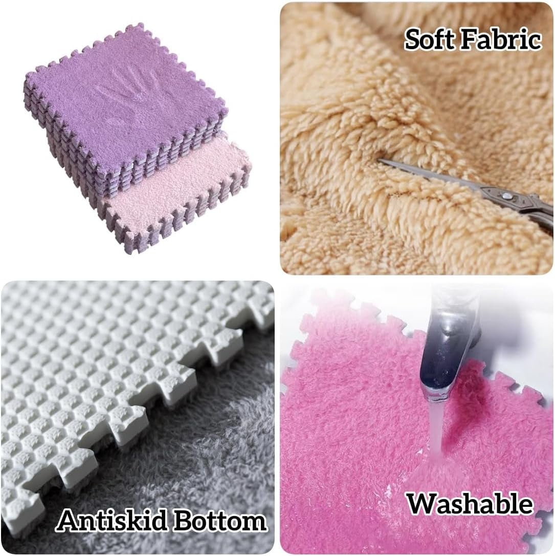 10PCS Fluffy Plush Interlocking Foam Mat Tiles, 12"x12" Thick Padded Playroom Carpet with Border, Play Mat Floor Tiles Thick Padded Squares Foam Tiles for Decor