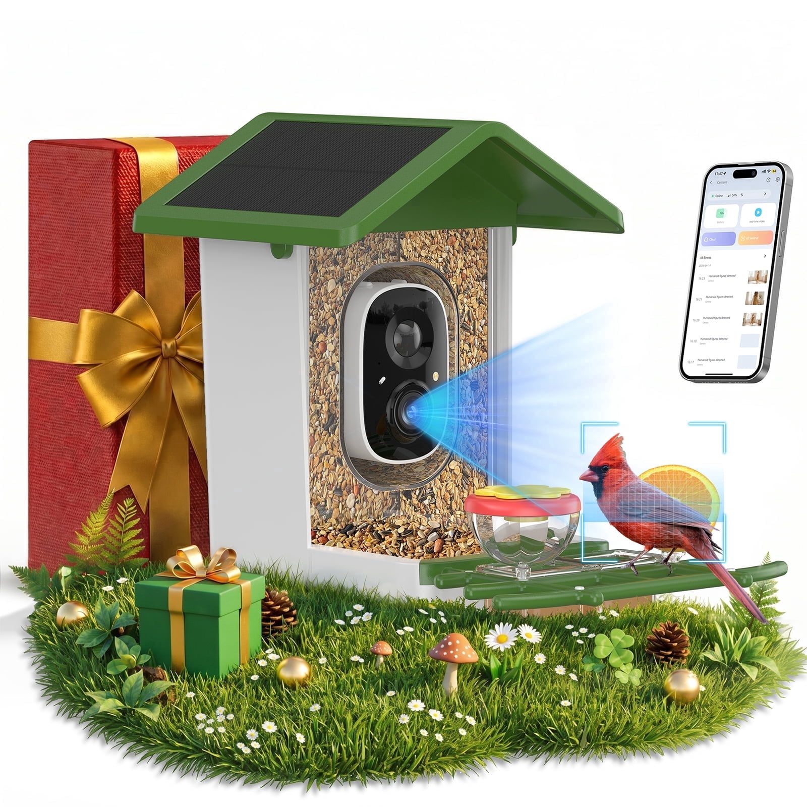 Smart Bird Feeder with Camera, Solar Powered Birdhouse Camera with AI Bird Recognition, Outdoor Wireless WiFi Bird Feeder with Live Video, Fun Gift for Mom, Grandma, Daughter