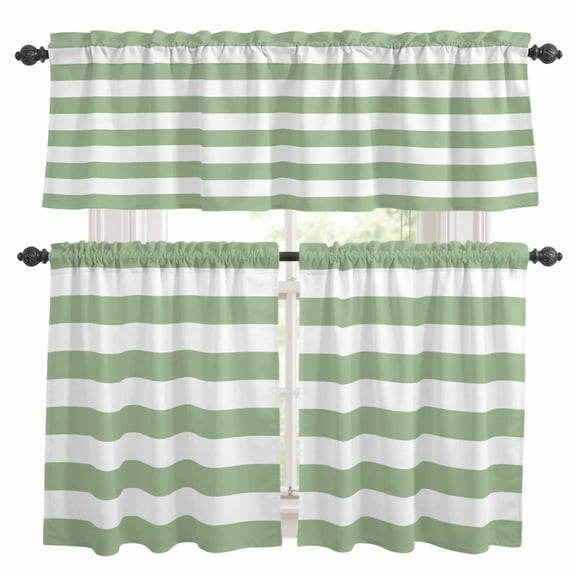 Sage Green Striped Kitchen Curtains Sets for Windows 36 Inch Length, Farmhouse Sage Green Stripes Rod Pocket Window Treatments Tier Curtains and Valances Set for Bedroom/Bathroom