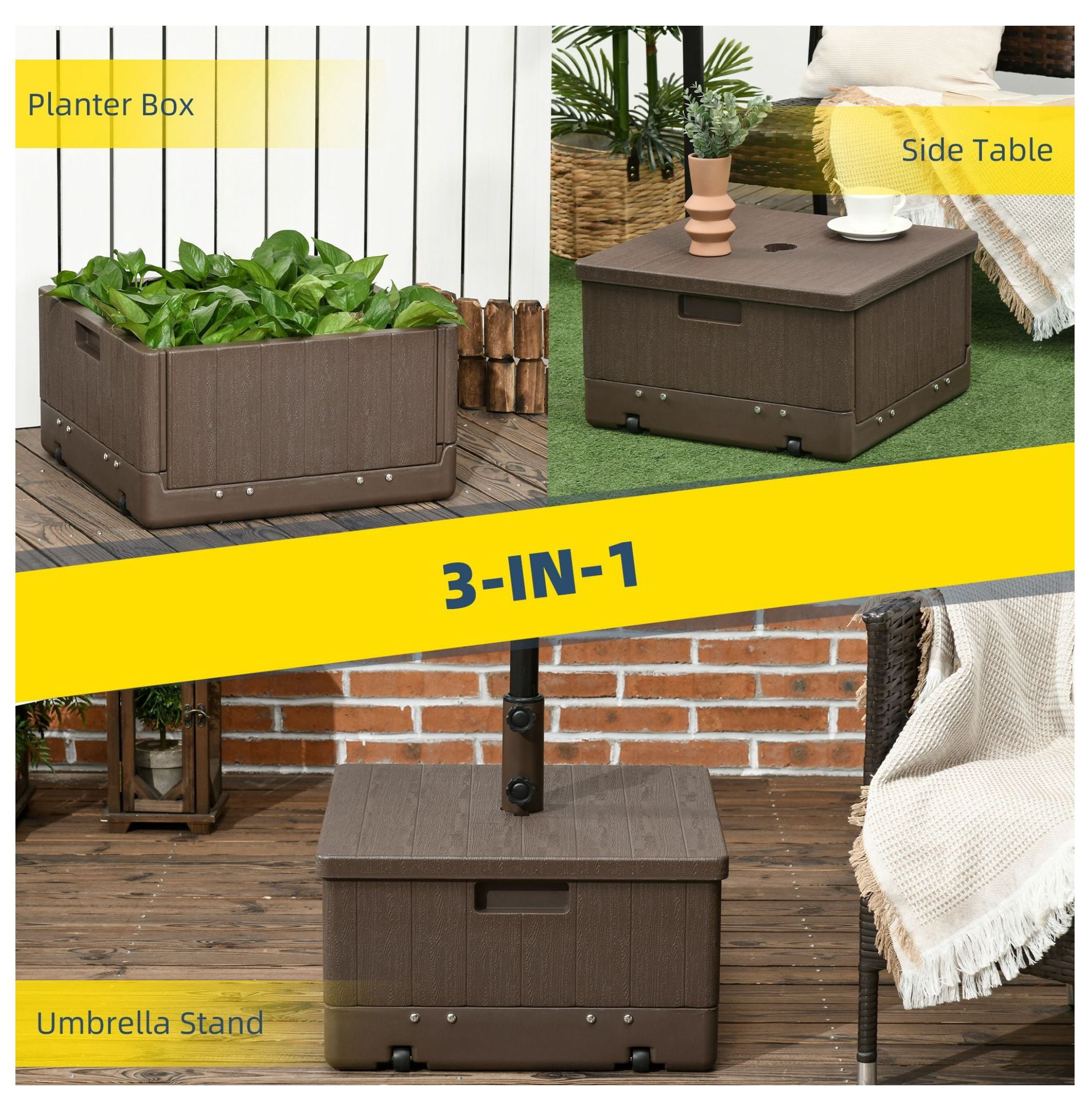 3-in-1 Outdoor Umbrella Base, Coffee End Table, Flower Box Planter, 175lbs Capacity Patio Umbrella Stand Table with Wheels and Handles, Brown